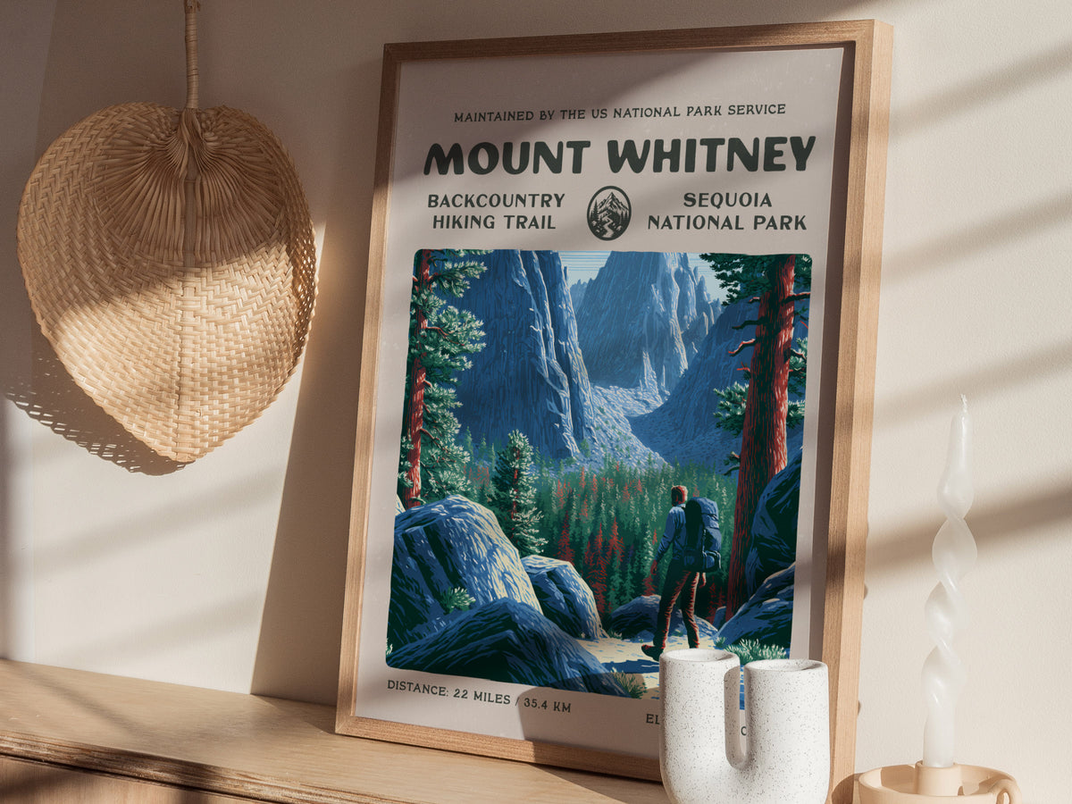 Mount Whitney, Sequoia National Park Poster | Hiker Gift | Backcountry Trail Wall Art — styled in a modern interior