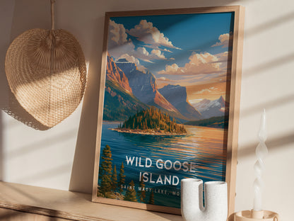 Wild Goose Island, Saint Mary Lake, Montana Poster | Mountain Lake Destination Print Wall Art — styled in a modern interior
