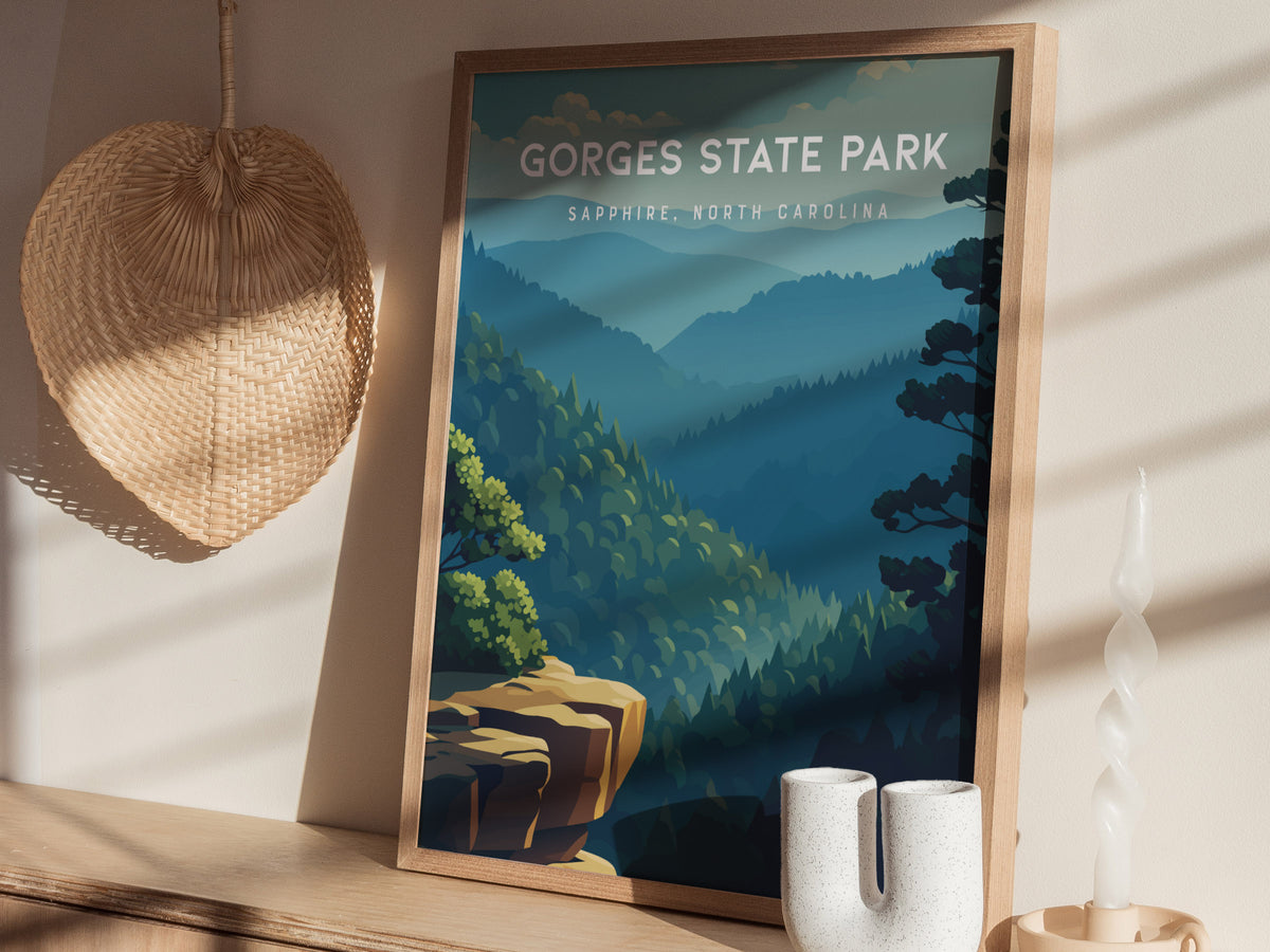 Gorges State Park, Sapphire, North Carolina Poster | Waterfall & Mountain Forest Travel Wall Art — styled in a modern interio