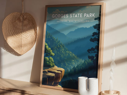 Gorges State Park, Sapphire, North Carolina Poster | Waterfall & Mountain Forest Travel Wall Art — styled in a modern interio