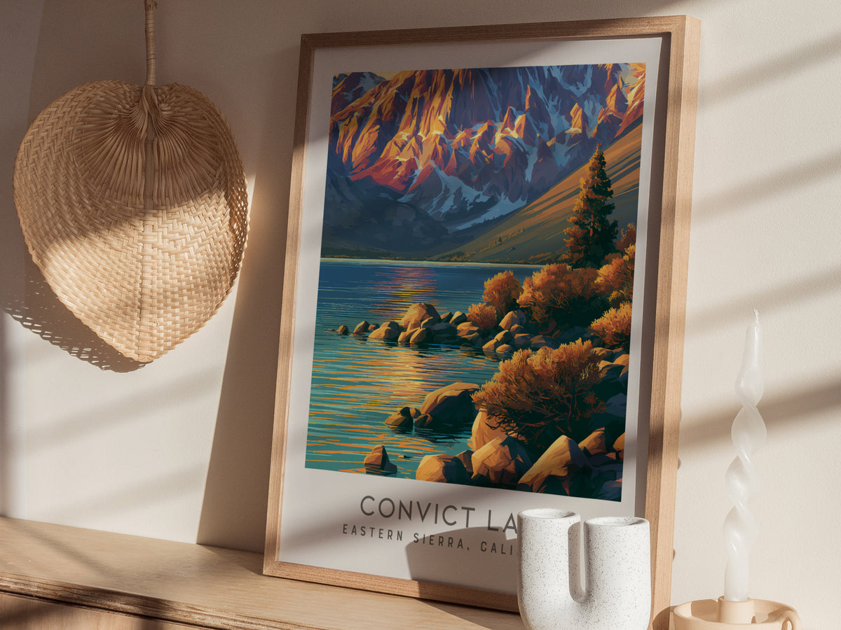 Convict Lake Matte Border Poster | Eastern Sierra, California Destination Print — styled in a modern interior
