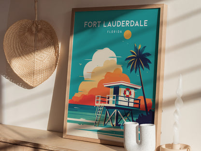 A framed Fort Lauderdale poster with a coastal scene, featuring a lifeguard stand and palm tree, is displayed on a shelf beside a woven wall decor and a twisted candle.