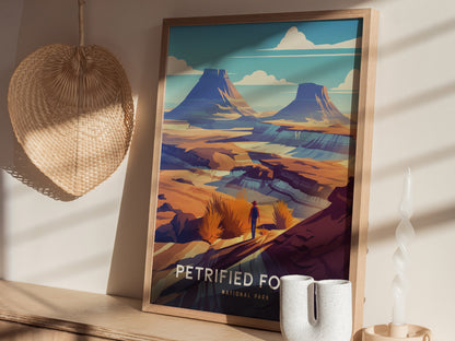 A framed poster of the Petrified Forest National Park with vibrant desert hues and mesas is displayed on a wooden shelf, accompanied by a woven basket and a twisted candle.