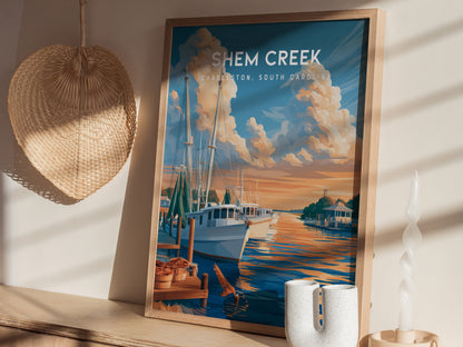 Shem Creek, Charleston, South Carolina Poster | Shrimp Boats & Marsh Sunset Wall Art — styled in a modern interior