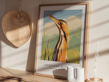 American Bittern Poster | Marshland Heron Wildlife Wall Art — styled in a modern interior