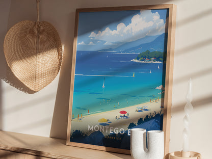 A framed Montego Bay poster depicting a vibrant beach scene with turquoise waters, sailboats, and palm-lined shores is displayed on a shelf, accompanied by a woven basket and decorative items.