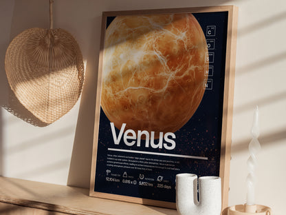 A framed Venus planet poster with scientific data in Helvetica typography is displayed on a shelf, accompanied by a woven basket and decorative candle.