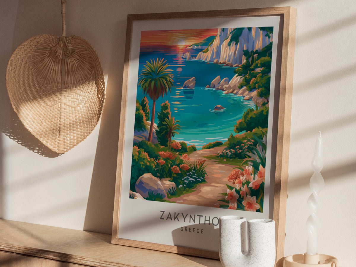 Zakynthos Matte Border Poster | Greece Travel Wall Art — styled in a modern interior