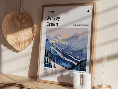 Jersey Cream, Whistler, British Columbia Poster | Alpine Print Ski Lodge Decor Wall Art — styled in a modern interior