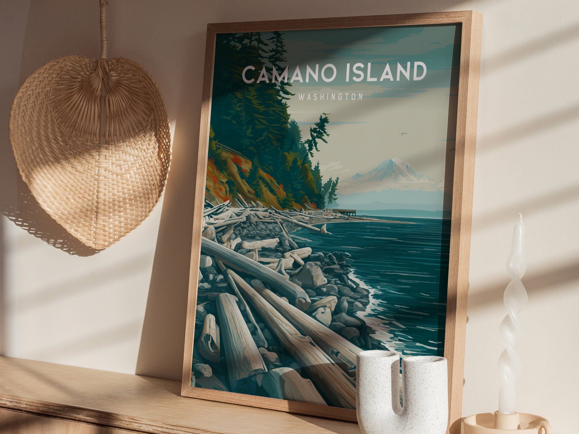 Camano Island, Washington Poster | Evergreen Shores & Heron Coastal Wall Art — styled in a modern interior