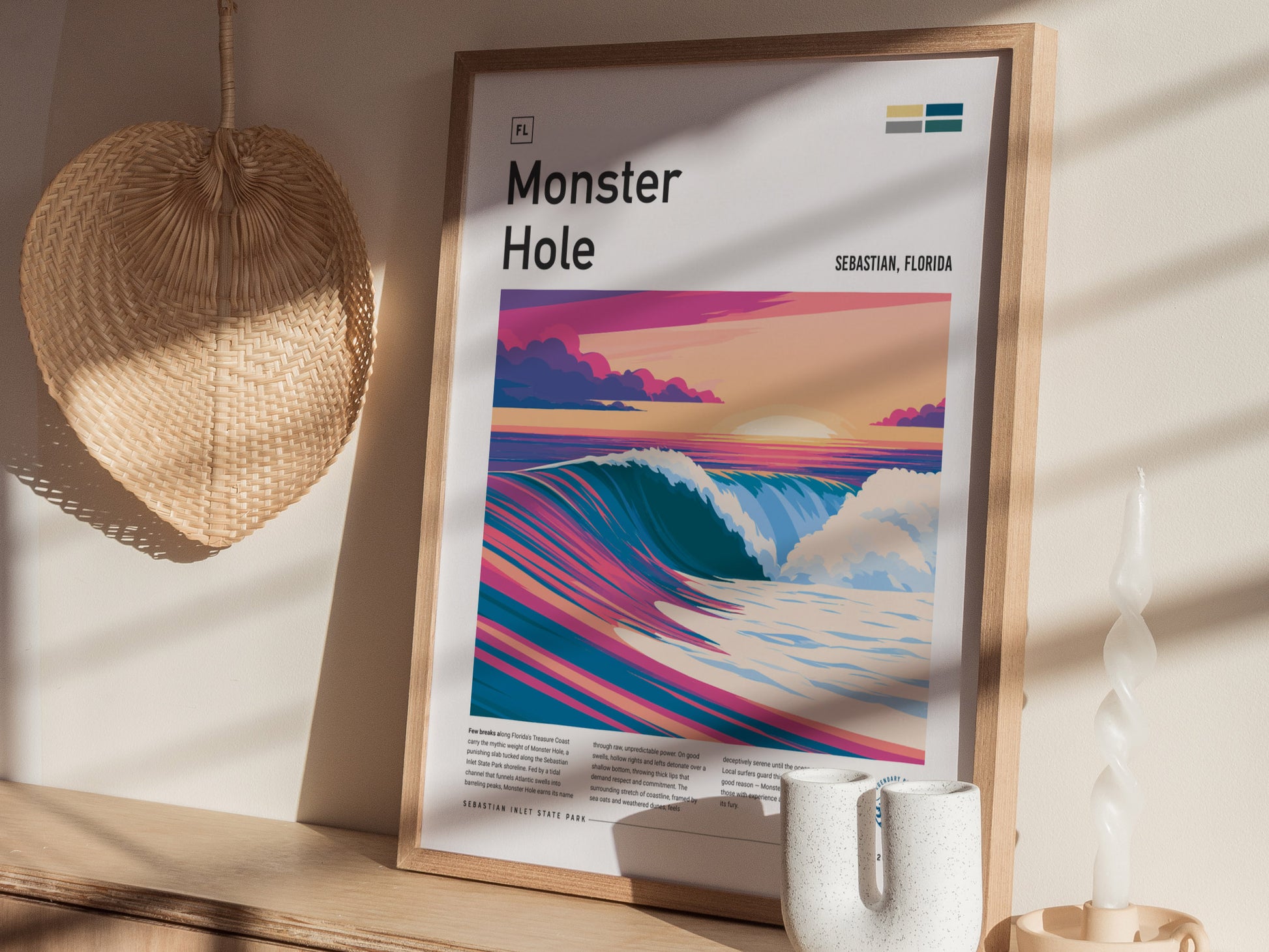Monster Hole, Florida Poster | Barrel Wave & Tropical Surf Wall Art — styled in a modern interior