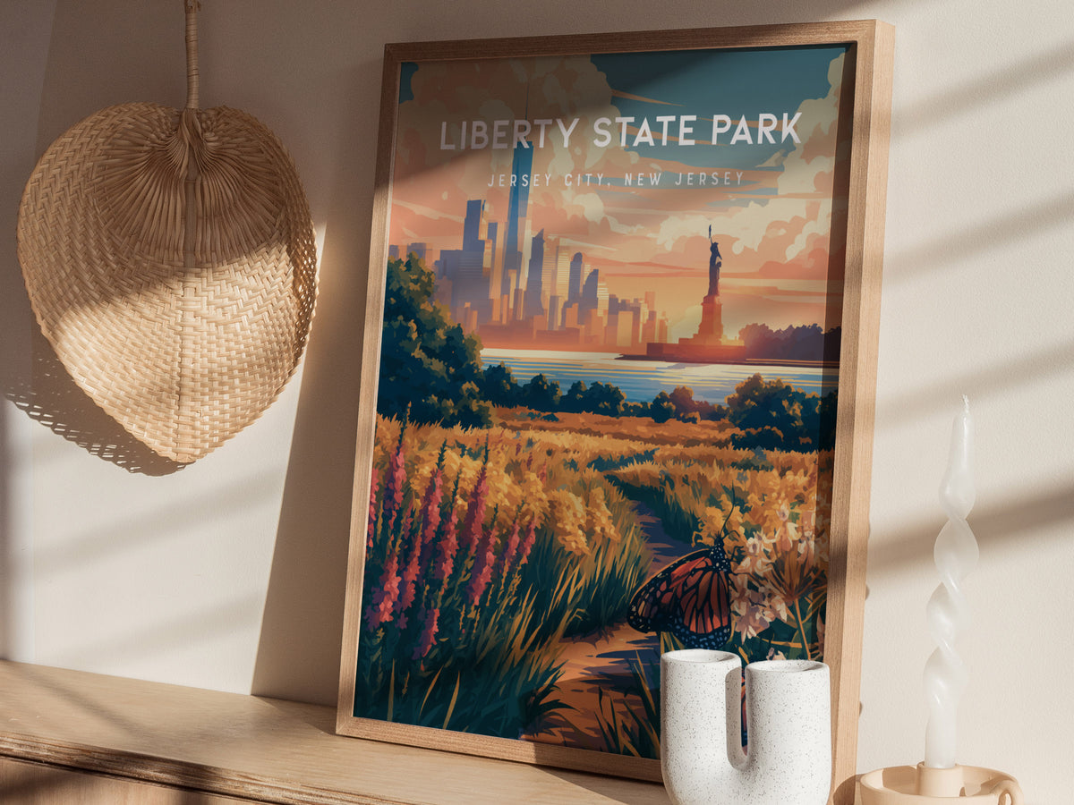 Liberty State Park, Jersey City, New Jersey Poster | Skyline & Harbor Travel Wall Art — styled in a modern interior