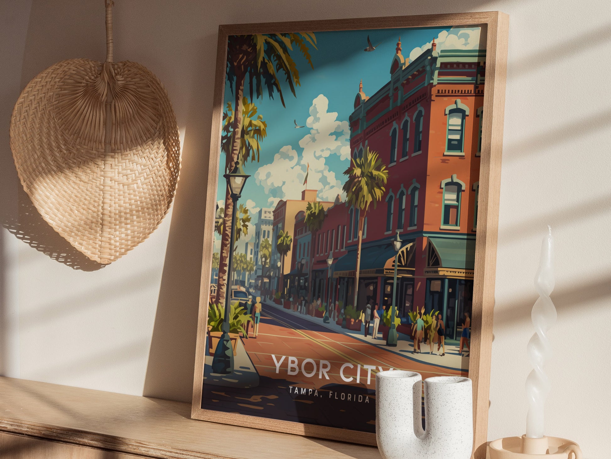 A framed poster of Ybor City, Tampa, Florida, featuring colorful historic buildings and palm trees, is displayed on a wooden shelf. A woven fan and decorative items are nearby.
