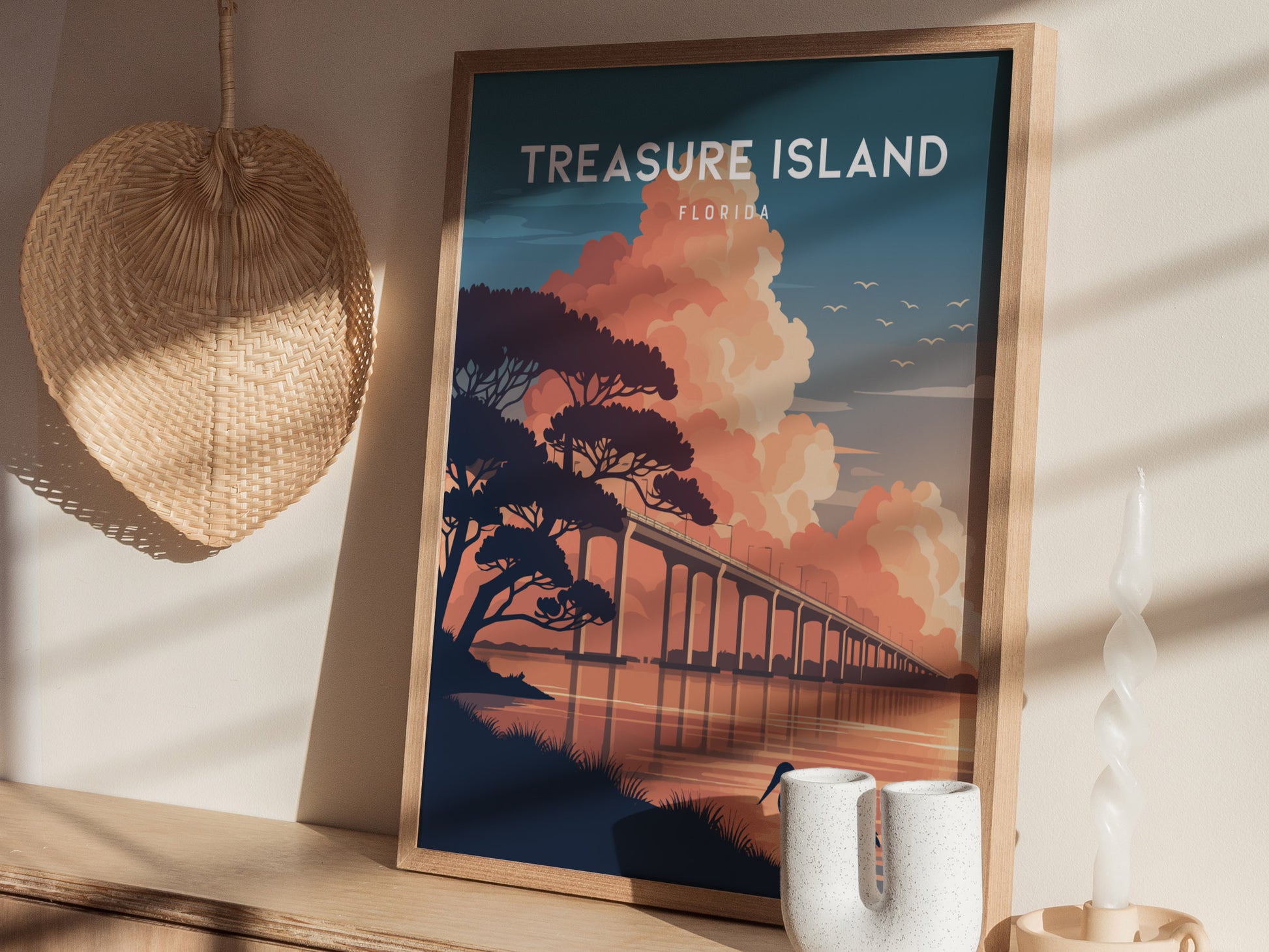 Treasure Island, Florida Poster | Sunset Beach & Lifeguard Tower Wall Art — styled in a modern interior