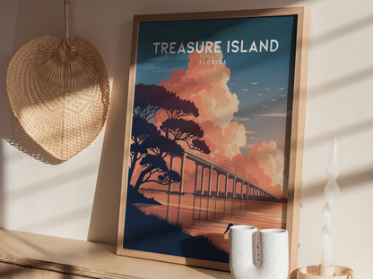 Treasure Island, Florida Poster | Sunset Beach & Lifeguard Tower Wall Art — styled in a modern interior