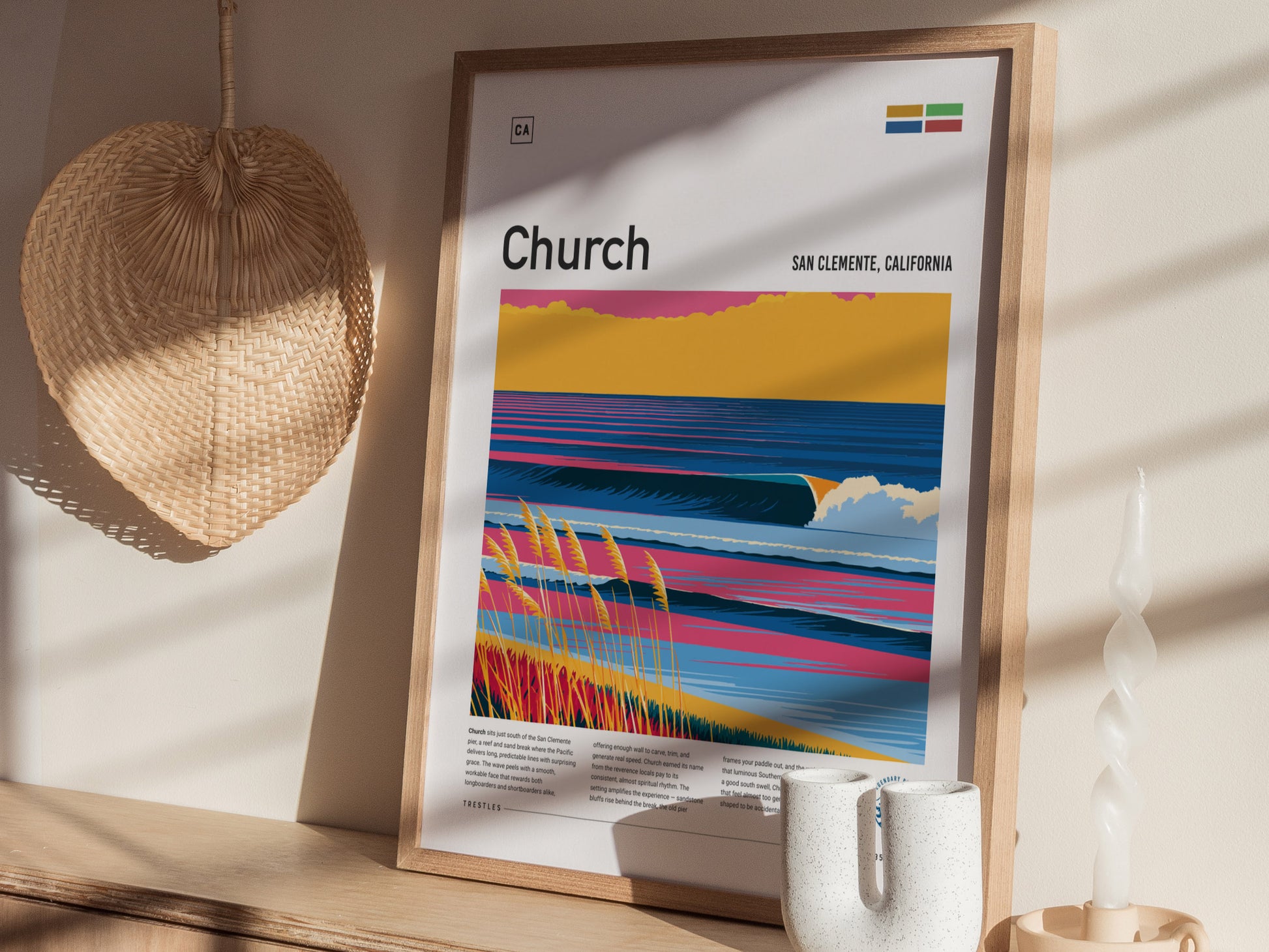 A colorful illustration of the Church surf break in San Clemente, California, captures vibrant waves and a sunset sky with rich hues of blue, orange, and pink.