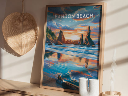 Bandon Beach, Oregon Poster | Sea Stacks & Sunset Travel Wall Art — styled in a modern interior