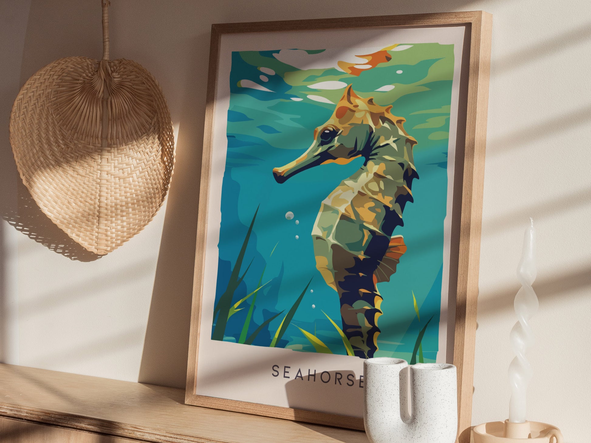 Seahorse Wildlife Poster | Graceful Ocean Dweller Fine Wall Art — styled in a modern interior