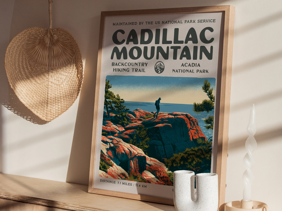 Cadillac Mountain, Acadia National Park Poster | Hiker Gift | Backcountry Trail Block Print Wall Art — styled in a modern int