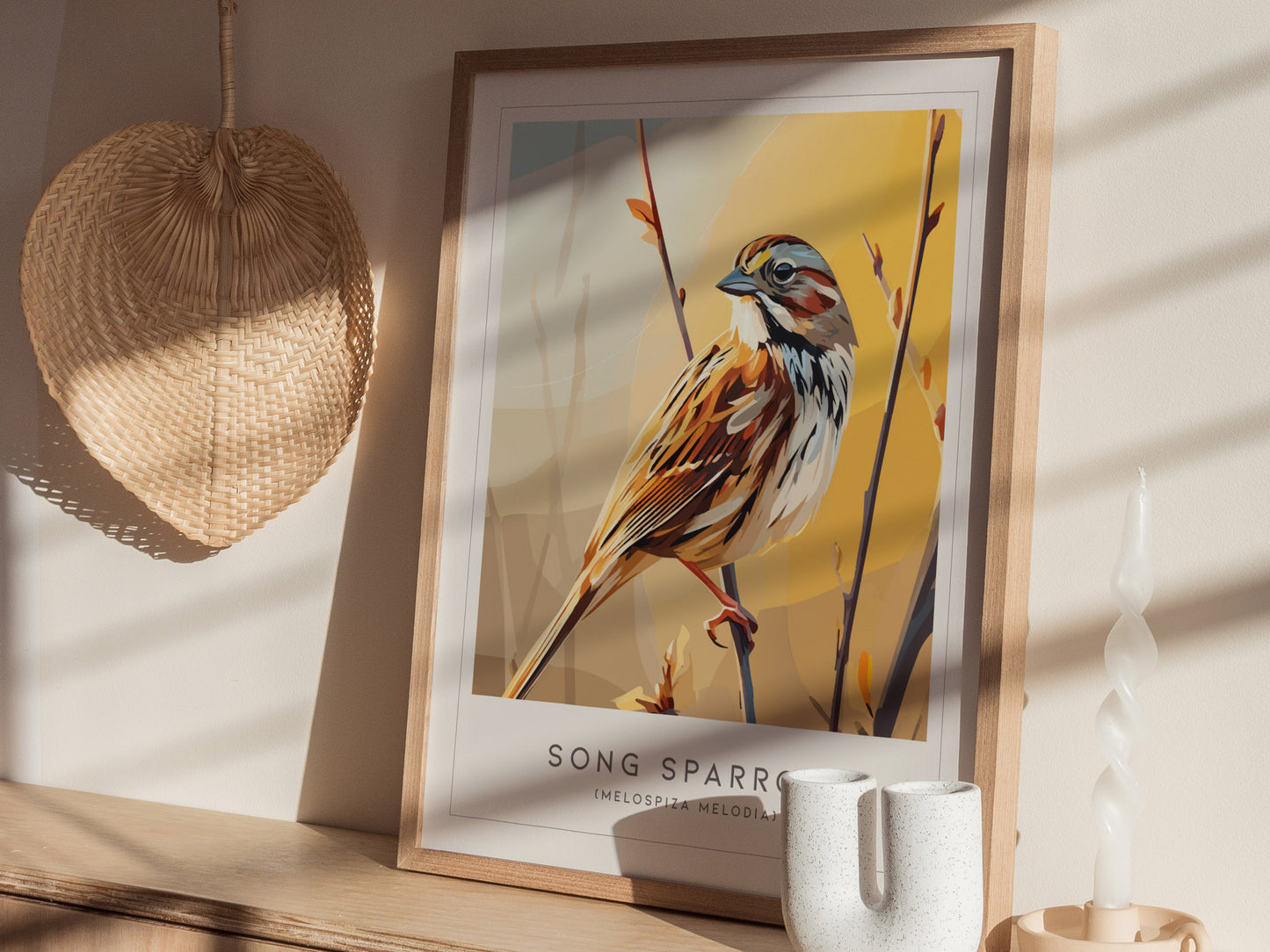 Song Sparrow Poster | Perched Songbird & Wildflower Meadow Wall Art — styled in a modern interior
