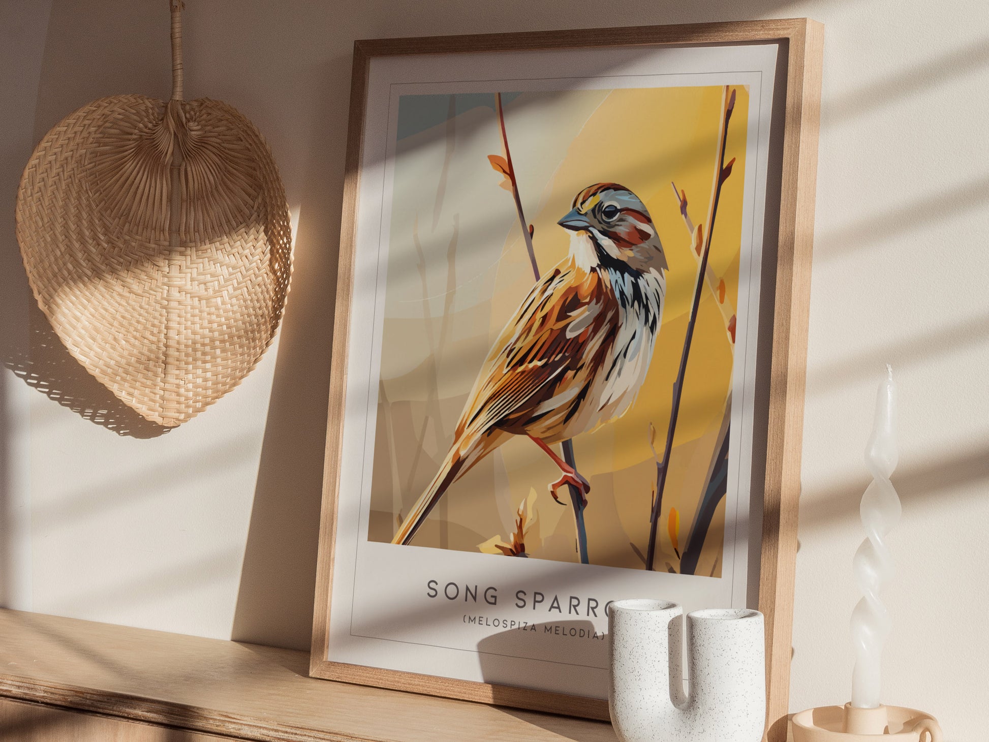Song Sparrow Poster | Perched Songbird & Wildflower Meadow Wall Art — styled in a modern interior