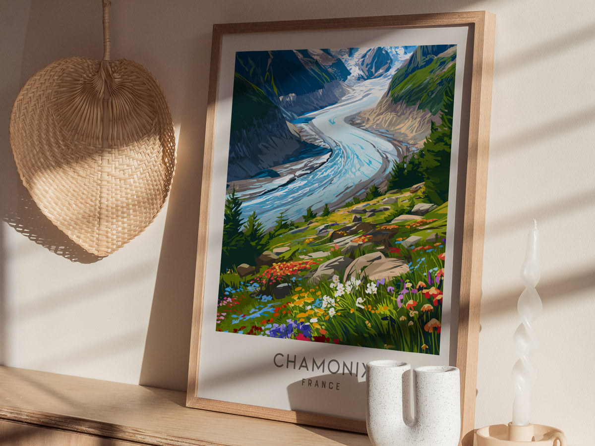 Chamonix Matte Border Poster | France Alpine Travel Wall Art — styled in a modern interior