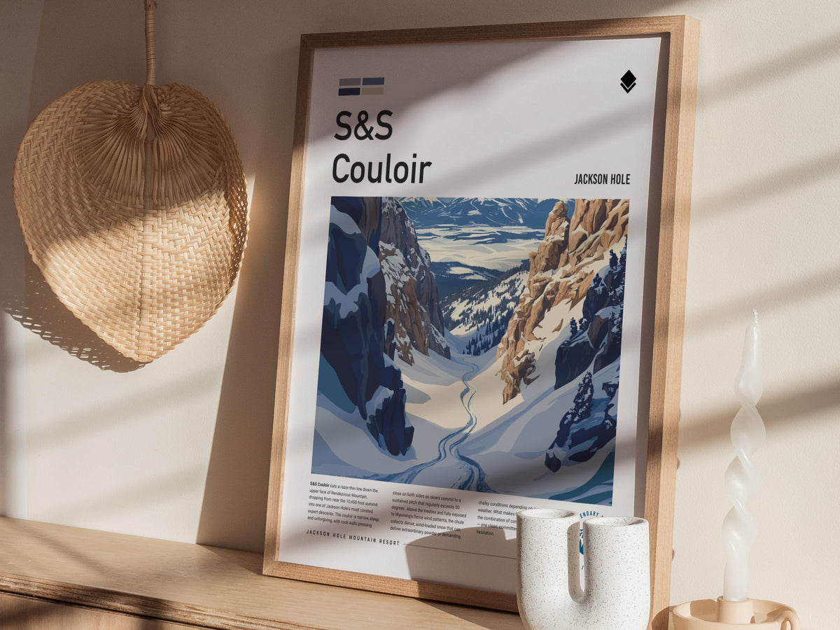 S&S Couloir, Jackson Hole Poster | Steep Chute Alpine Print Wall Art — styled in a modern interior