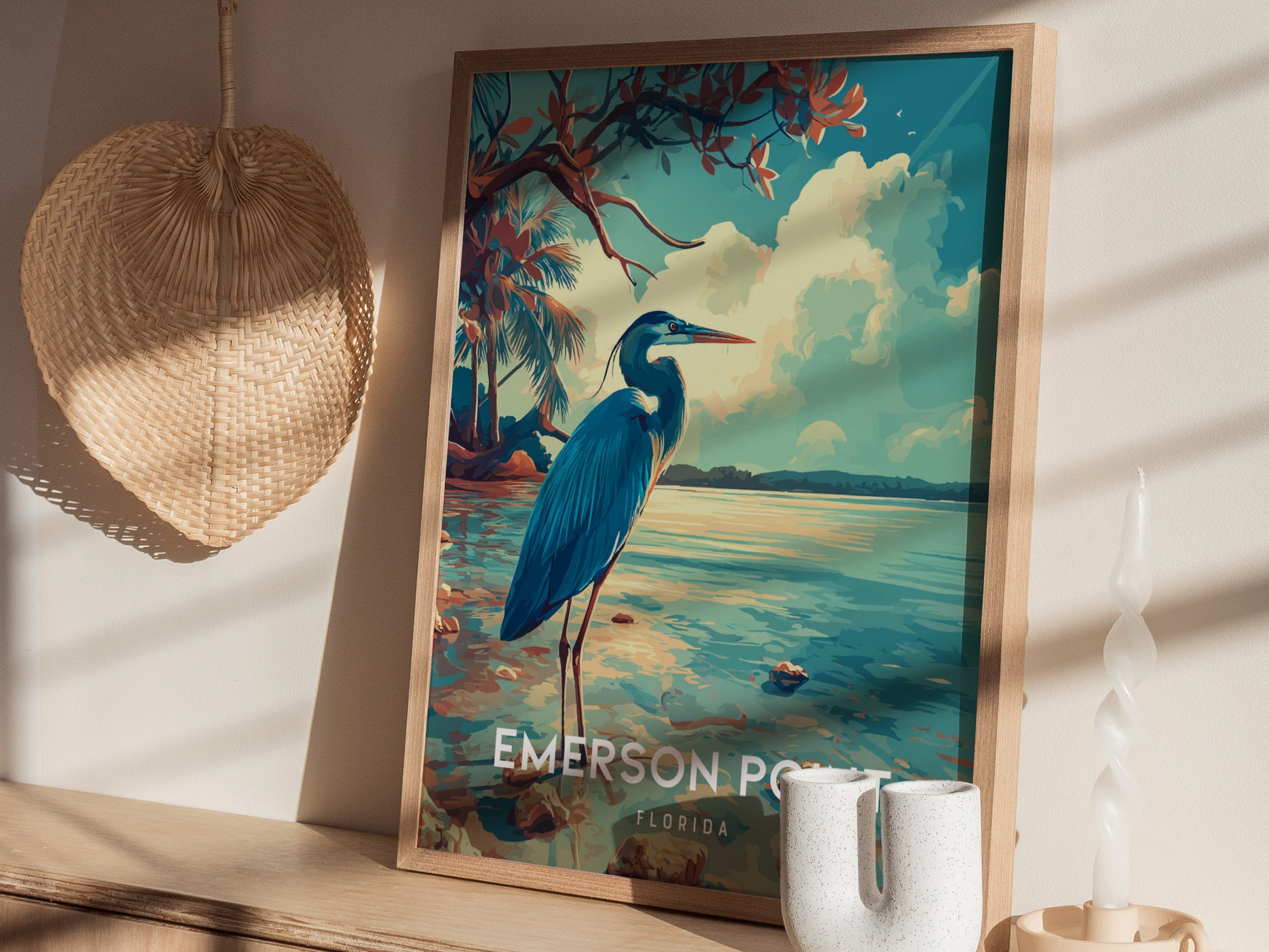 Emerson Point, Florida Poster | Mangrove & Marsh Preserve Wall Art — styled in a modern interior