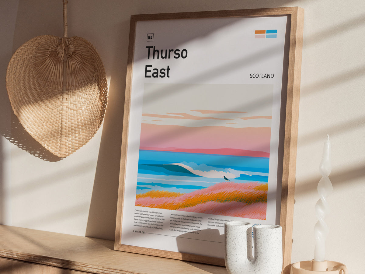 Thurso East, Scotland Poster | Rugged Surf Break Coastal Poster Wall Art — styled in a modern interior