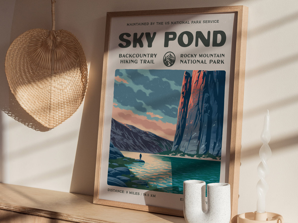 Sky Pond, Rocky Mountain National Park Poster | Hiker Gift | Backcountry Trail Wall Art — styled in a modern interior