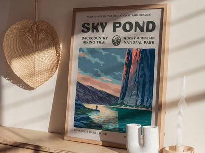 Sky Pond, Rocky Mountain National Park Poster | Hiker Gift | Backcountry Trail Wall Art — styled in a modern interior