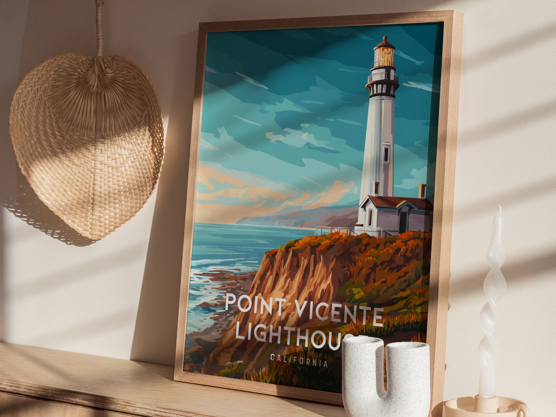 Point Vicente Lighthouse, California Poster | Pacific Cliffs & Beacon Wall Art — styled in a modern interior