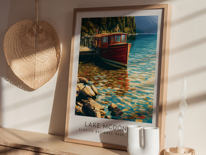 Lake McDonald Matte Border Poster | Glacier National Park, Montana Vacation Wall Art — styled in a modern interior