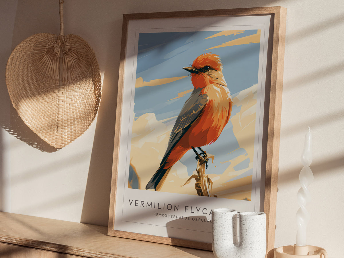 Vermilion Flycatcher, Pyrocephalus obscurus Poster | Brilliant Songbird Nature Poster Wall Art — styled in a modern interior