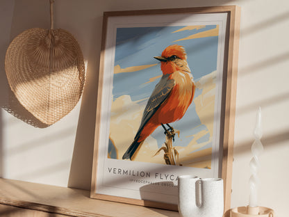 Vermilion Flycatcher, Pyrocephalus obscurus Poster | Brilliant Songbird Nature Poster Wall Art — styled in a modern interior