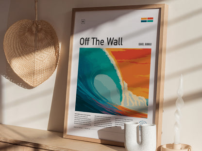 A framed poster titled Off The Wall features a vibrant wave crashing against a colorful sunset background, showcasing shades of blue, orange, and green.