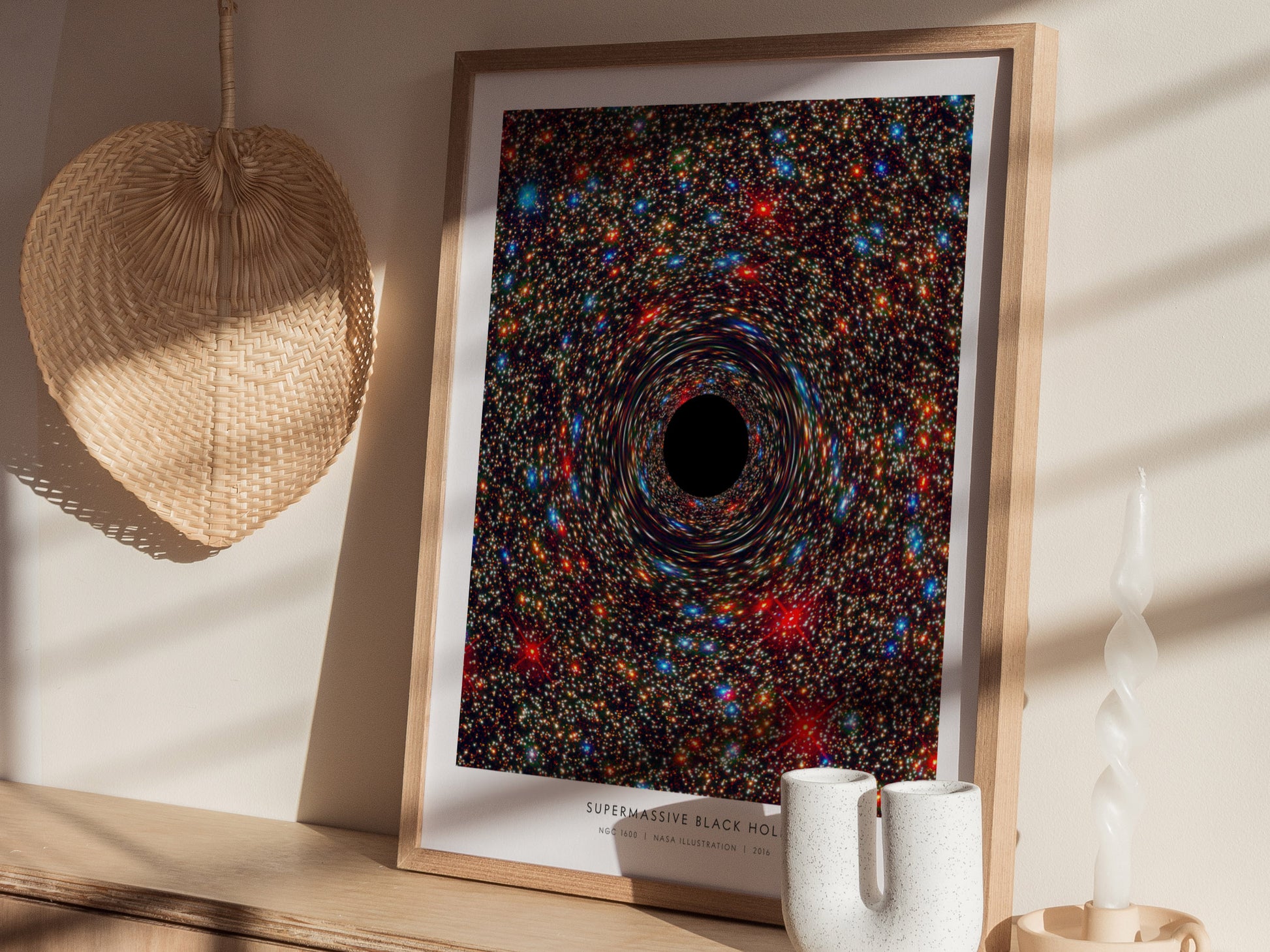 Supermassive Black Hole Poster | NASA NGC 1600 Space Photography Wall Art — styled in a modern interior