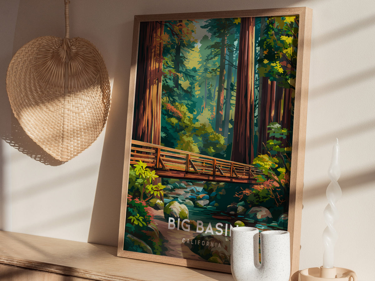 Big Basin Redwoods, California Poster | Towering Redwood Forest Vacation Wall Art — styled in a modern interior