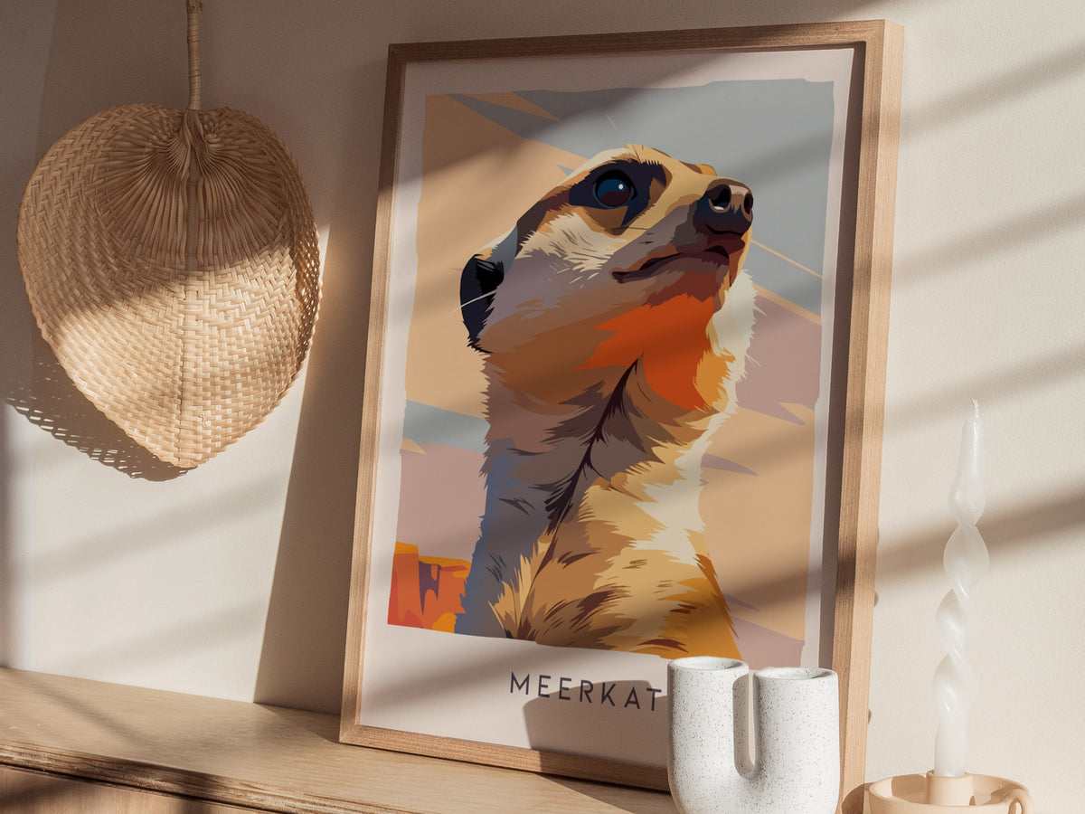 Meerkat, Suricata suricatta Poster | Bold Safari Wildlife Wall Art — styled in a modern interior