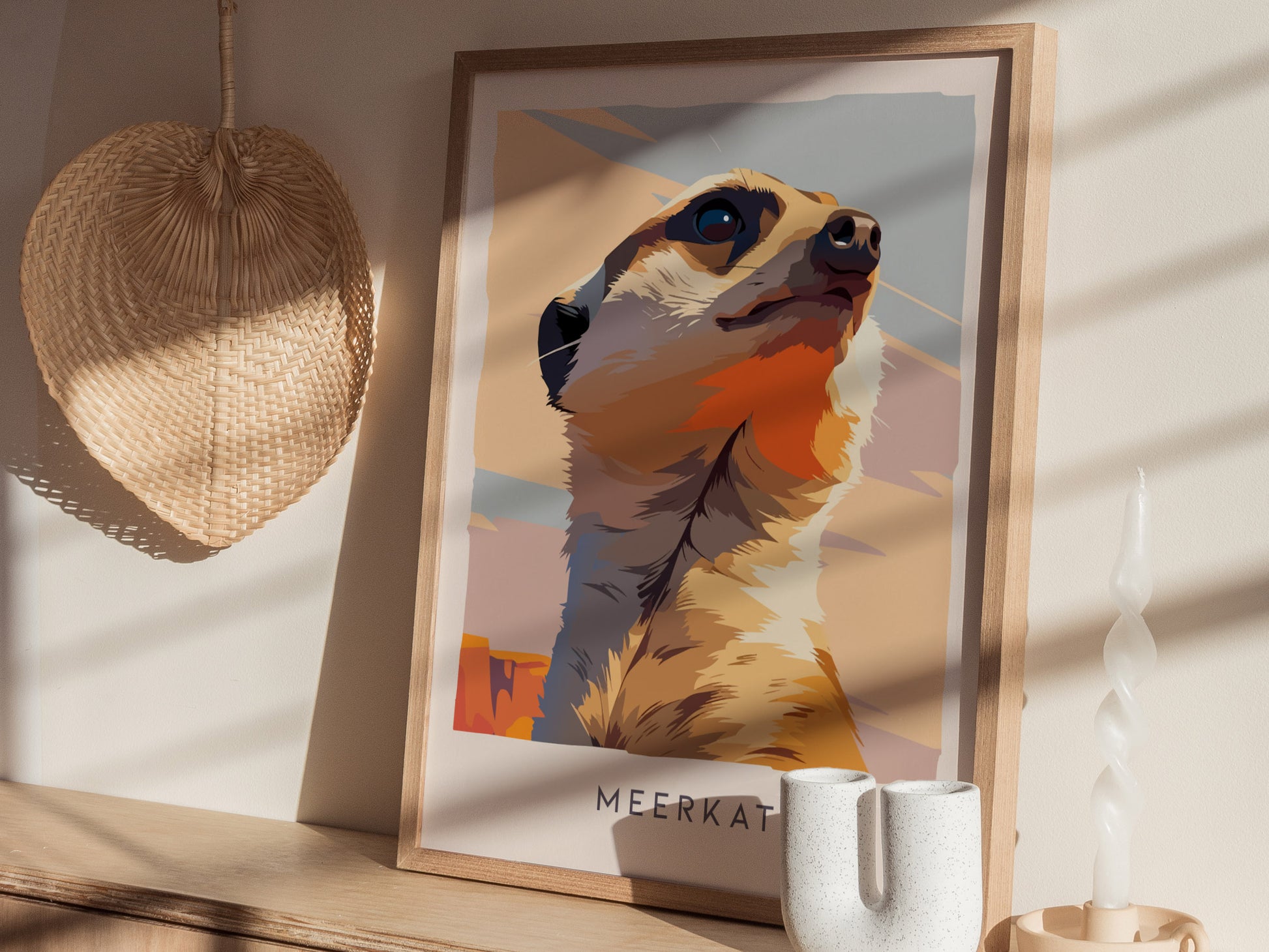 Meerkat, Suricata suricatta Poster | Bold Safari Wildlife Wall Art — styled in a modern interior