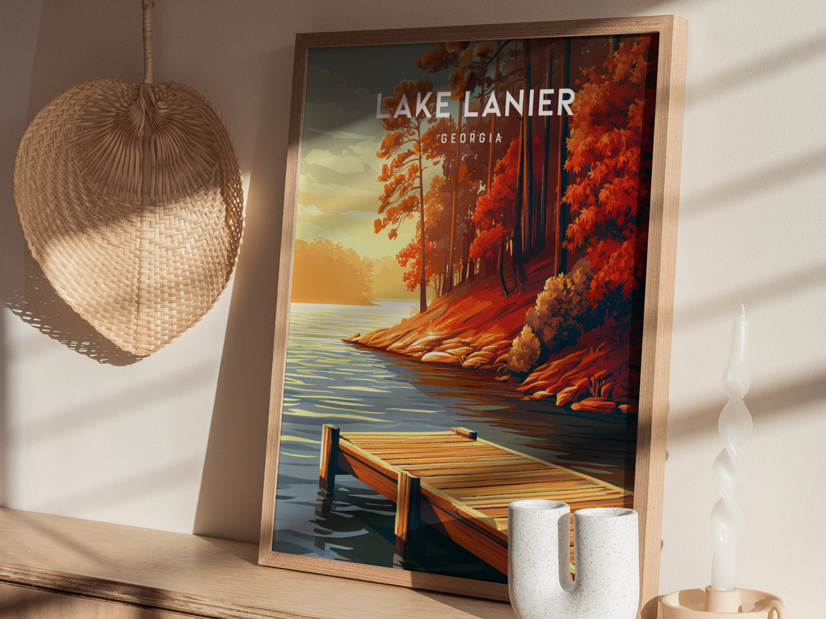 Lake Lanier, Georgia Poster | Serene Lakeside Vacation Wall Art — styled in a modern interior