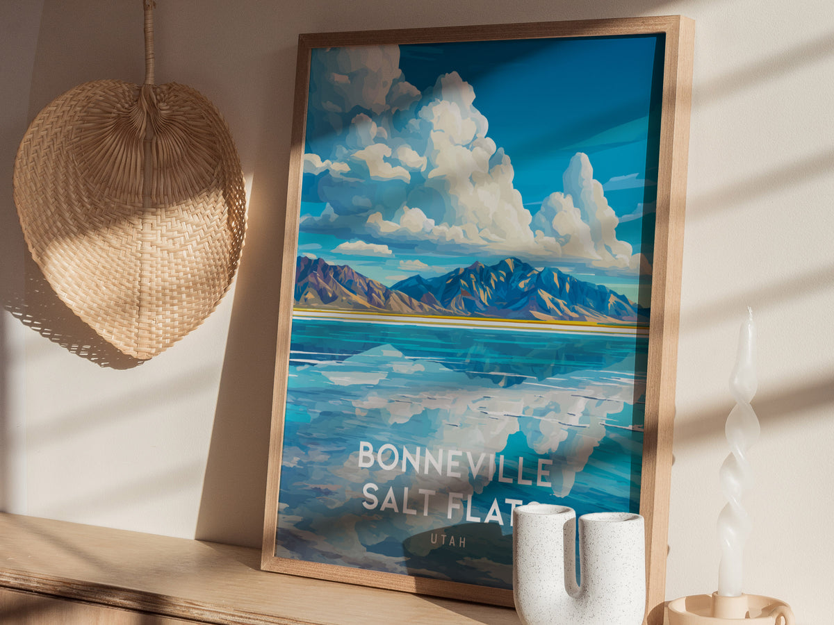 Bonneville Salt Flats, Utah Poster | Vast Desert Horizon Vacation Wall Art — styled in a modern interior