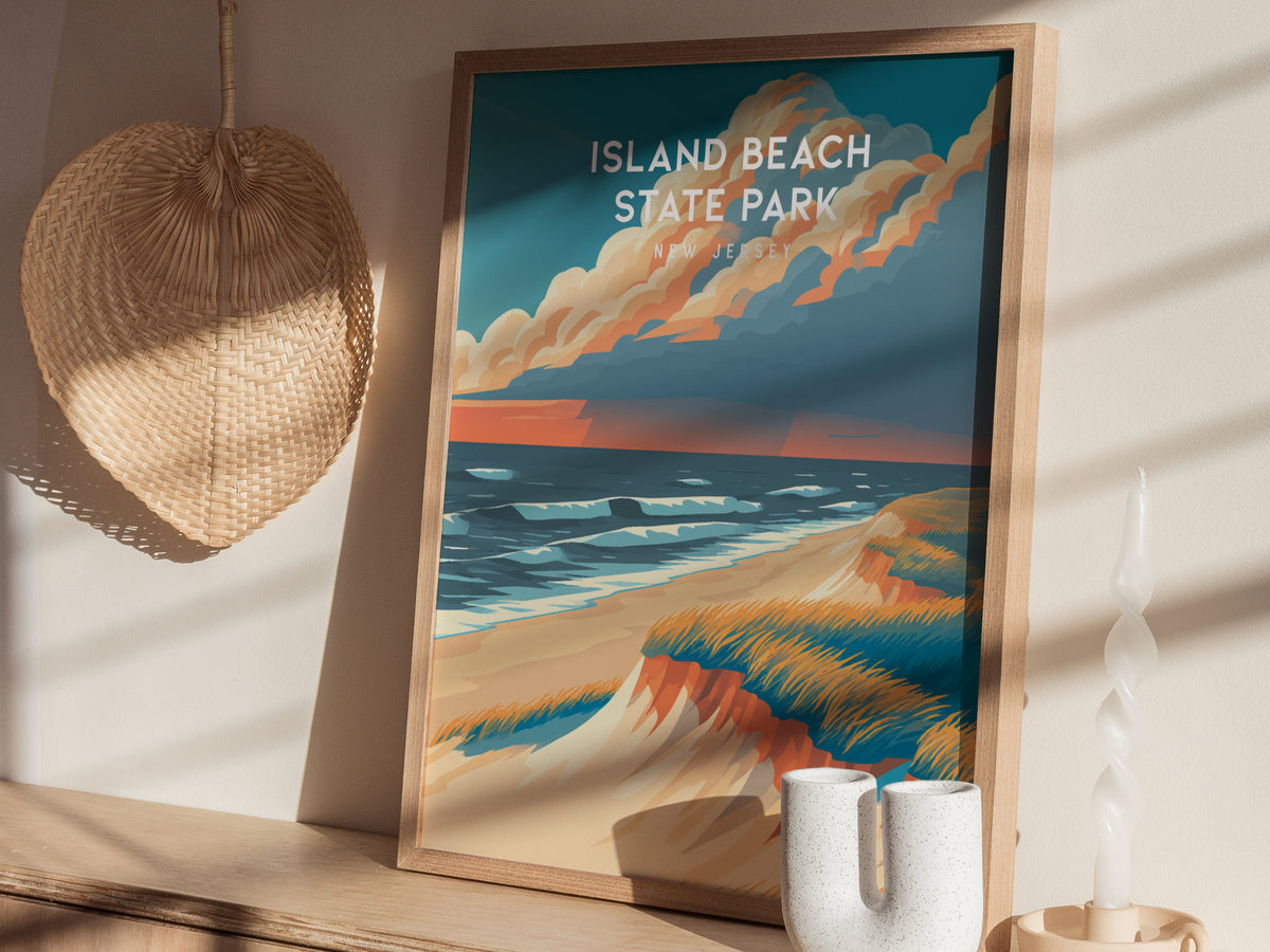 Island Beach State Park, New Jersey Poster | Destination Print Seaside Dunes Wall Art — styled in a modern interior