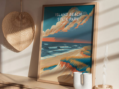 Island Beach State Park, New Jersey Poster | Destination Print Seaside Dunes Wall Art — styled in a modern interior