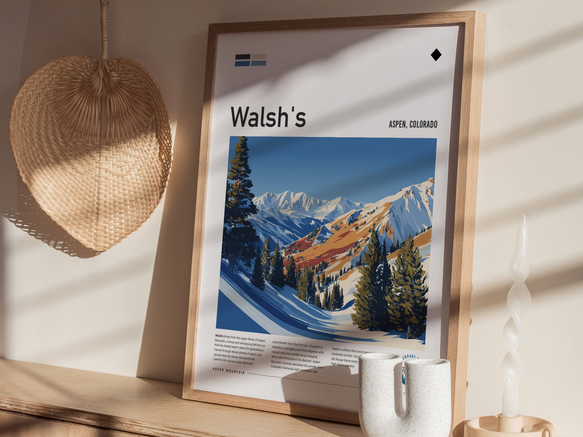 Walsh's, Aspen Poster | Fresh Powder Mountain Ski Run Wall Art — styled in a modern interior