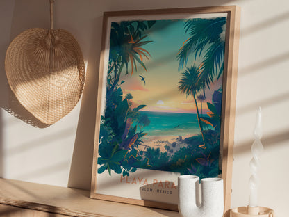A framed poster depicting a tropical beach scene with palm trees and a sunset is placed on a shelf beside a woven hat and a twisted candle.