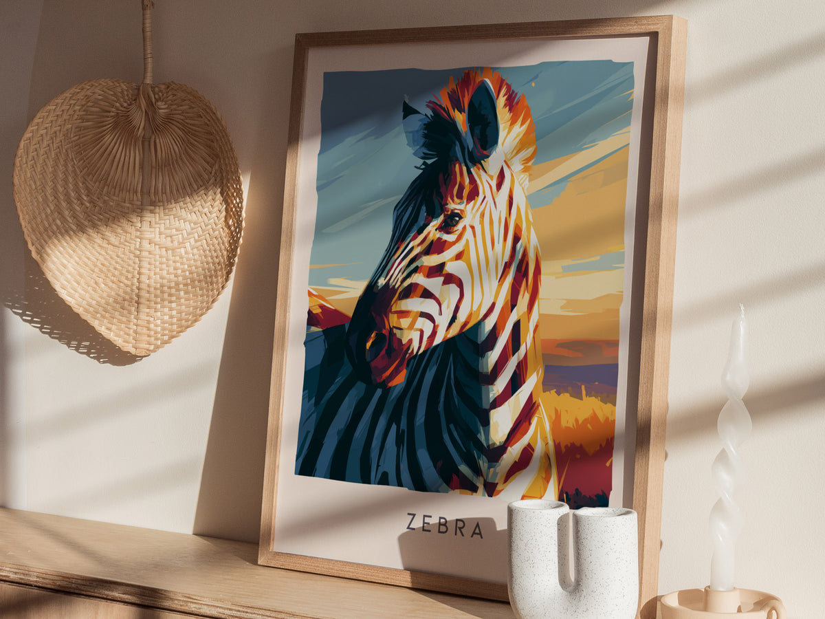 Zebra, Africa Poster | Bold Stripes on the Savanna Wall Art — styled in a modern interior