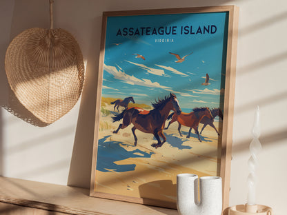 A framed poster of Assateague Island, Virginia, features wild horses running along a beach under a bright blue sky. Its displayed on a wooden shelf with a woven decor piece.