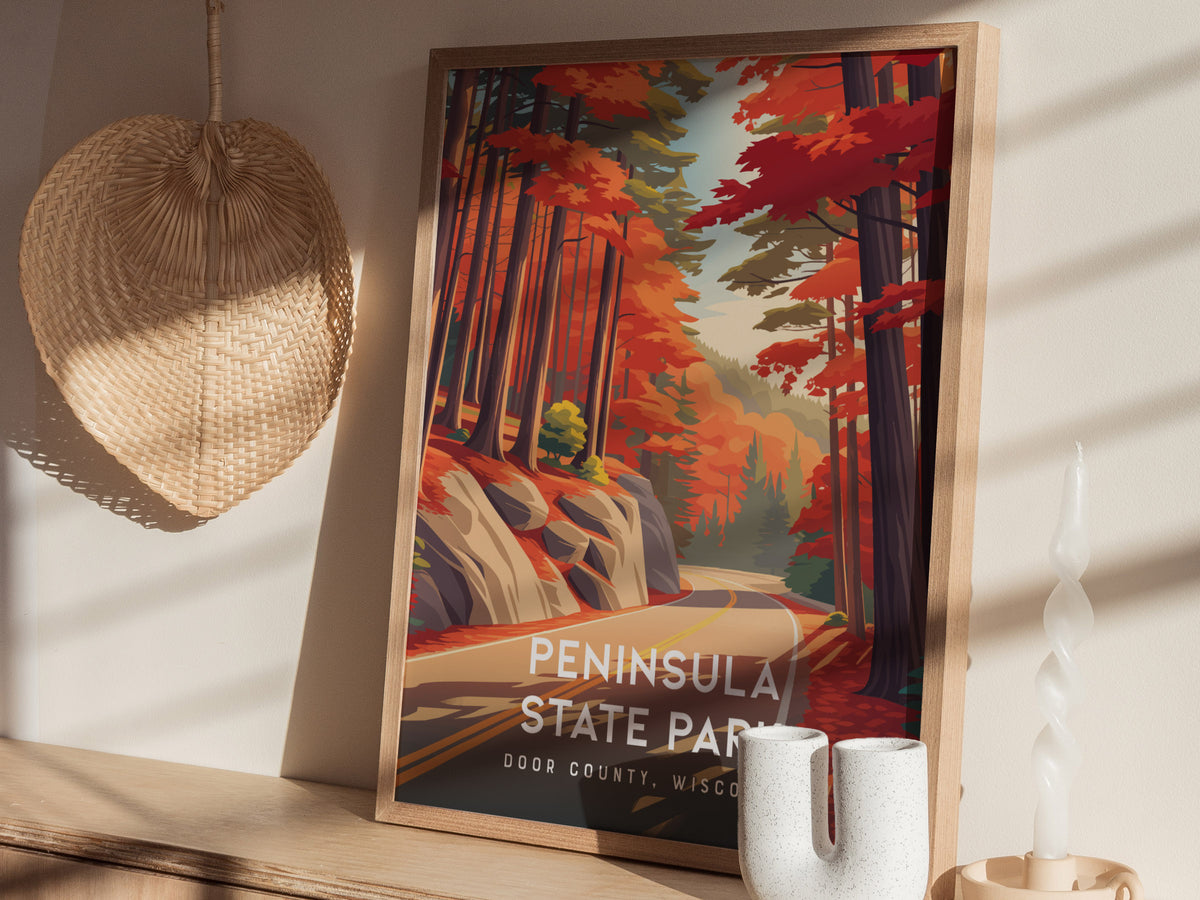 Peninsula State Park, Door County, Wisconsin Poster | Bluffs & Birch Forest Travel Wall Art — styled in a modern interior