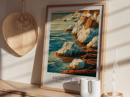 Antelope Island Matte Border Poster | Great Salt Lake, Utah Travel Wall Art — styled in a modern interior